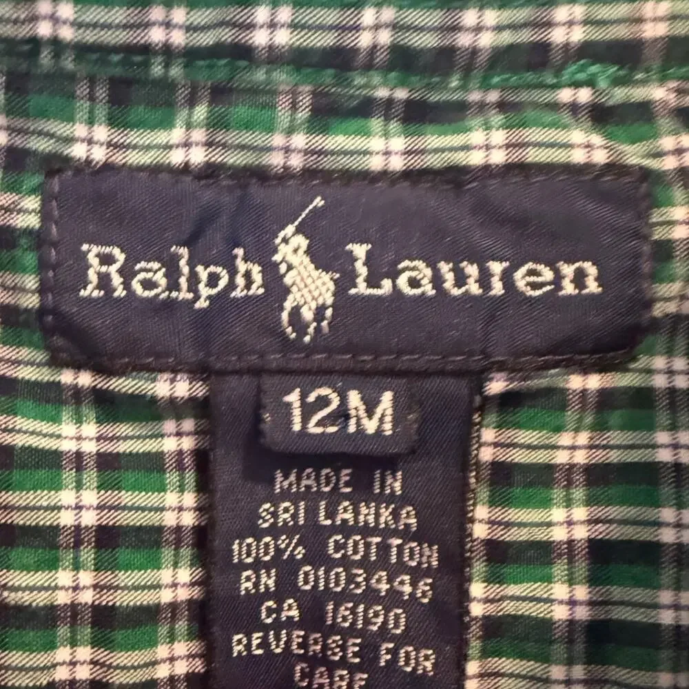 Vtg RALPH LAUREN 12m Baby Toddler Romper Green Navy Pony Snap Bottom 100% Cotton
